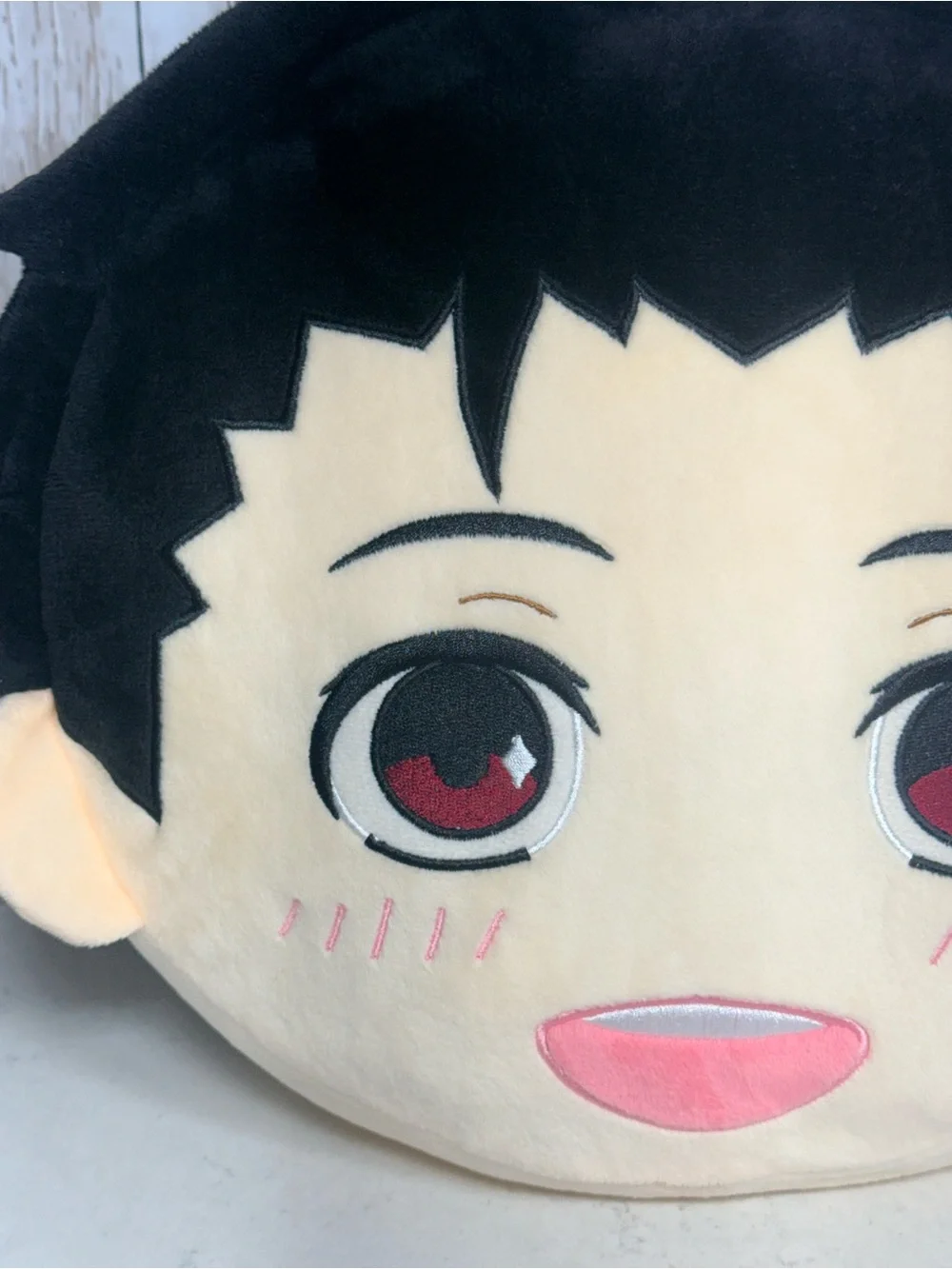 Sleepy MIPI Cute Anime Face Plush Pillow - Black Hair, Cream Face, Pink Accents
